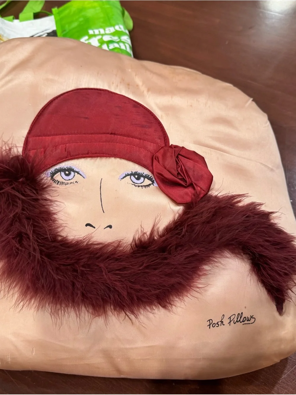 Posh Pillows Decorative Face Pillow with Burgundy Fur Trim